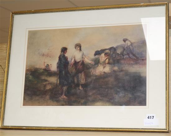 Oscar Larsen, watercolour, Figures in a landscape, signed, 30 x 46cm.